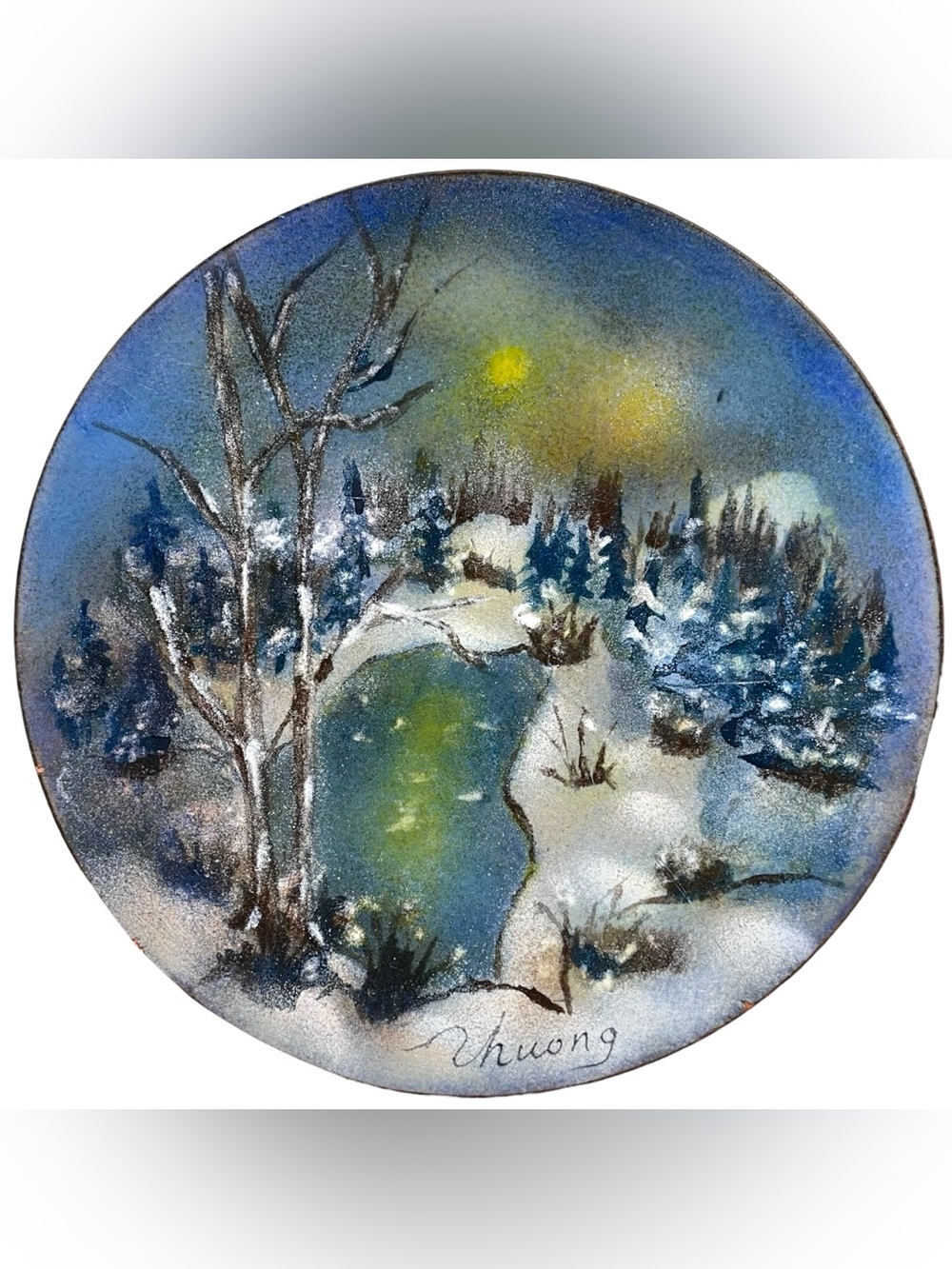 Vintage 1970s Huong Signed Enamel on Copper 7" Plate - Winter Scenery Quebec